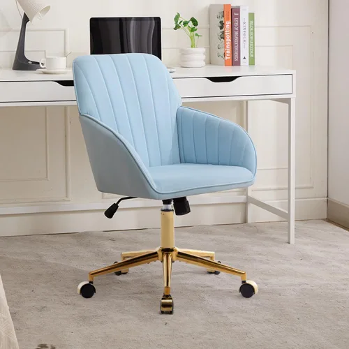Velvet Office Chair with Gold Base, Ergonomic Height Adjustable Swivel Desk Chair for Home Office (Baby Blue)