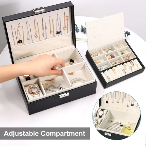Miniatura 2 de SIMBOOM Joyero para mujeres y niñas, organizador de joyas de 2 capas con cerradura, estuche de almacenamiento de joyas con bandeja extraíble