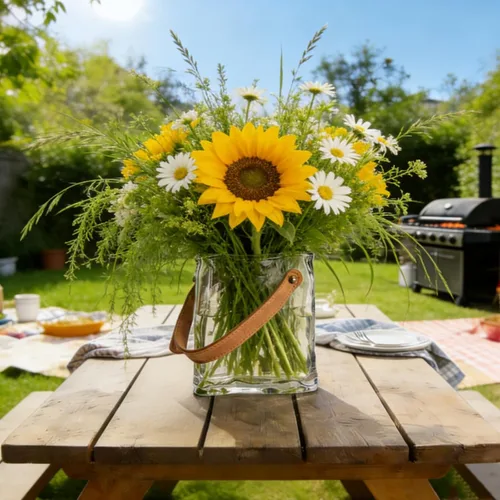Miniatura 6 de Noamus Jarrón de cristal para flores, jarrones únicos con asa de cuero, florero decorativo con forma de bolso antiarrugas, cuenco de pescado