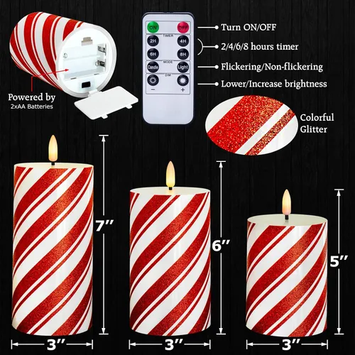 Miniatura 4 de Velas LED de pilar con purpurina de rayas rojas, velas de cera real sin llama para Navidad, vacaciones, decoración de fiesta en el hogar, juego de 3