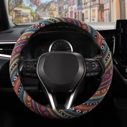 SEG Direct Funda bohemia para volante con tela de manta Baja, cubierta para volante de estilo étnico hecha de lino grueso, se adapta a volantes de