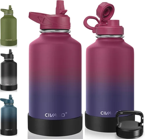 Miniatura 57 de CIVAGO Botella de agua aislada de 22 onzas con pajita, frasco de agua deportiva de acero inoxidable con 3 tapas