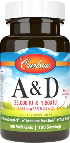 Carlson - A y D, 25000 UI (7500 mcg RAE) Vitamina A, 1000 UI (25 mcg) de vitamina D, apoyo a la visión, salud de la piel, 100 cápsulas blandas