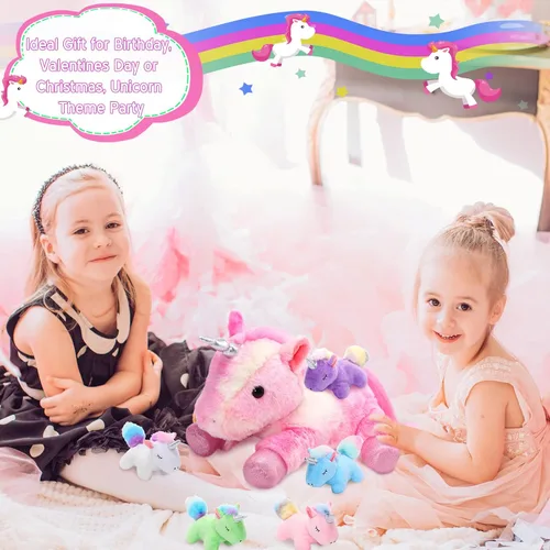 Miniatura 7 de Sumind Peluche de unicornio arcoíris para mamá con 5 lindos unicornios en su barriga para mamá, año de Navidad, regalos de cumpleaños