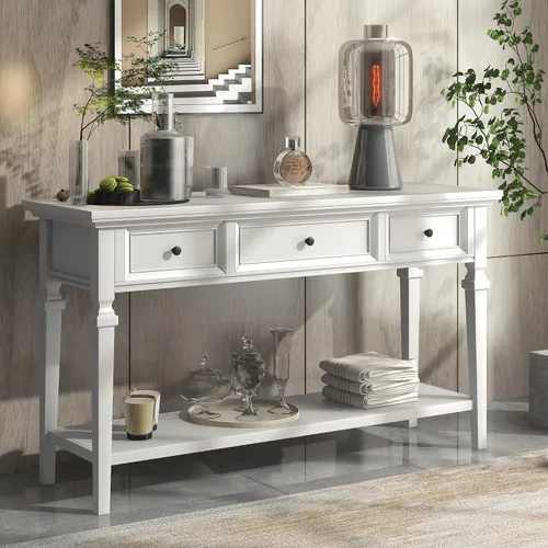 Miniatura 11 de RuiSiSi Mesa consola de granja con 3 cajones y estante inferior, mesa de sofá de madera maciza para sala de estar, comedor, entrada, gris lavado