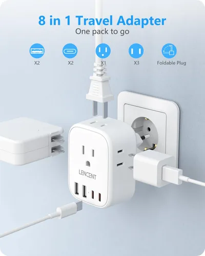 Miniatura 4 de LENCENT - Paquete de 2 adaptadores de enchufe de viaje europeos, enchufe plegable tipo C de Estados Unidos a Europa con 4 tomas, 4 puertos USB