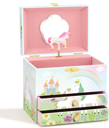 Miniatura 16 de RR ROUND RICH DESIGN - Joyero musical para niñas con cajón y juego de joyas con tema de bailarina, melodía de “El lago de los cisnes”, color rosado