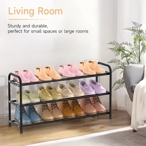 Miniatura 5 de Zapatero expandible de 3 niveles para el suelo del armario, organizador de zapatos pequeño ajustable de 16 a 30 pulgadas para entrada, puerta