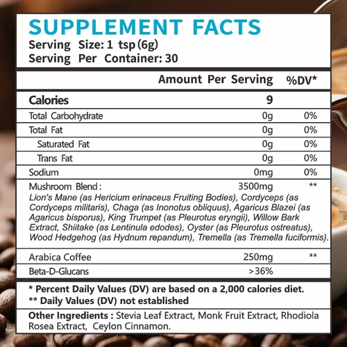 Miniatura 3 de Café de hongos, mezcla de polvo de extracto de hongos orgánico 10 melena de león, reishi, chaga, cordyceps, cola de pavo 30 porciones