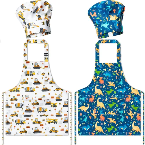 Miniatura 14 de Juego de 4 delantales y sombrero de chef para niños, regalo para niñas y niños, con palabras del alfabeto de animales, delantales ajustables