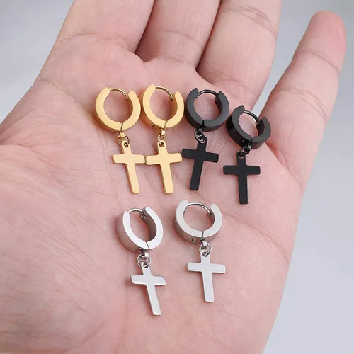 Miniatura 5 de Juego de aretes de cruz de acero inoxidable para hombres y mujeres, aretes colgantes con bisagras para hombres y mujeres, plata, oro, negro