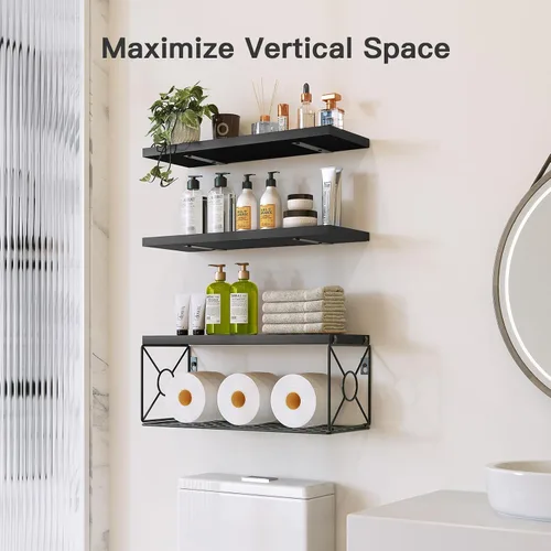 Miniatura 2 de Amada - Estantes de baño con cesta de almacenamiento, estante de pared flotante para organización del hogar y decoración de pared, estantes de Negro