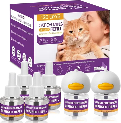 Cat Calming Pheromone Diffuser Kit, 2 Plug-Ins + 4 Refills (48ml Each),Long-Lasting Stress & Anxiety Relief, Reduces Fighting, Spraying &