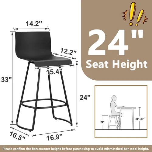 Miniatura 2 de WENTMENT Juego de 4 taburetes de bar giratorios de altura de mostrador con respaldo de 24 pulgadas con asiento de plástico, taburetes de bar