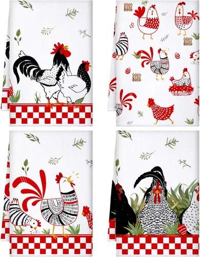 Miniatura 13 de Geyoga 4 toallas de cocina de pollo, gallo, toallas de mano con animales de granja, vaca, vintage, rústico, paño de té para primavera, Pascua, baño