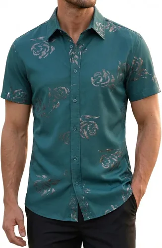 Miniatura 20 de ZEROYAA - Camisas de vestir de manga corta con estampado de rosa dorada para hombre, estilo hipster, calce ajustado, con botones