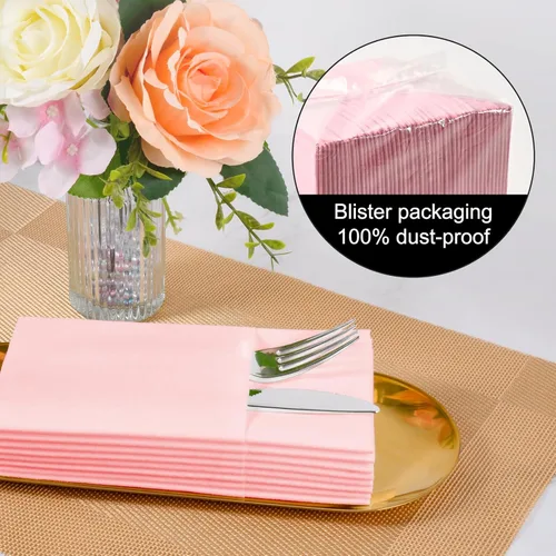Miniatura 7 de Servilletas desechables de color rosa, paquete de 50 servilletas de papel de tacto de lino con bolsillo integrado para cubiertos, tela preplegada