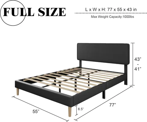 Miniatura 2 de HAOARA Marco de Cama con Plataforma Tapizada de Tamaño Completo, Cabecera Ajustable de Cuero PU, No Necesita Somier, Soporte de Listones de Madera