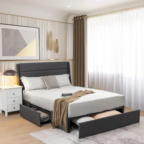 Miniatura 2 de Giantex Base de cama con 3 cajones, plataforma resistente de tamaño matrimonial con listones de madera, base de colchón con marco resistente,