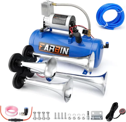 FARBIN - Bocina de tren para camión, 178 dB, superpotente, con 4 trompetas, incluye compresor de aire 12 V de 150 PSI y tanque de 6 l (1.6 gal) para