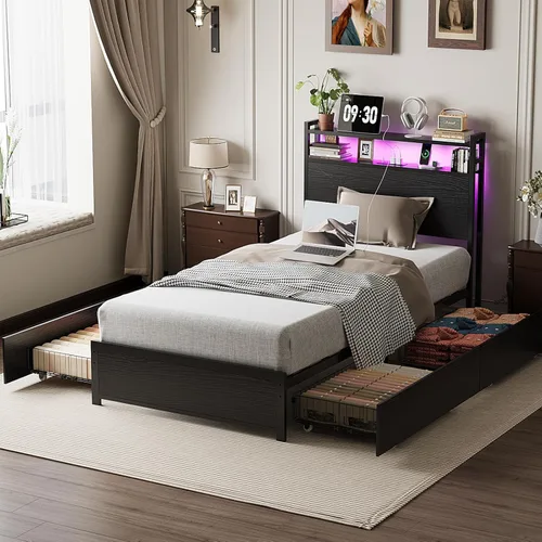 Miniatura 12 de VINGLI Base de cama LED Queen con 4 cajones de almacenamiento y estante de cabecera ajustable, plataforma de metal con estación de carga para niños