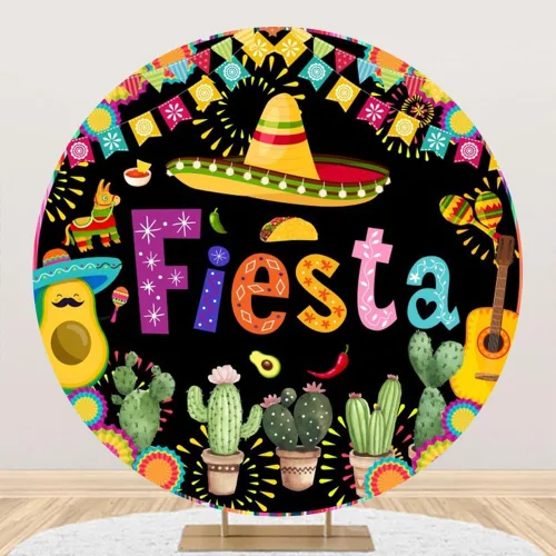 Miniatura 6 de Renaiss Cubierta de fondo redonda de 3 x 3 pies para fiesta mexicana de cumpleaños, temática de feliz cumpleaños, fotografía de fondo, banderas