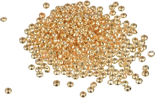 Miniatura 16 de uxcell 1000 cuentas redondas de engarzado, cuentas espaciadoras de extremo de crimpado de 0.079 pulgadas, pequeños topes para hacer pulseras y Oro