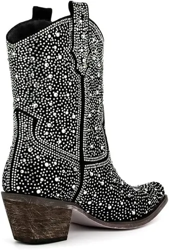 Miniatura 4 de sexytag Botas vaqueras brillantes con diamantes de imitación para mujer, tacón bajo y grueso, punta cuadrada, botines de meter