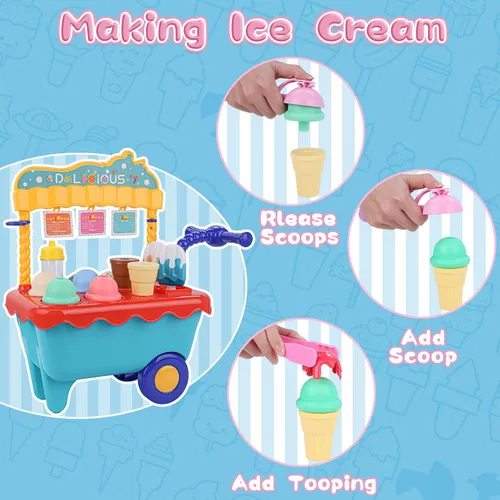 Miniatura 4 de Gifts2U Carrito de helado de juguete para niños, juego de 45 piezas de helado, tienda de juegos de simulación con carrito de almacenamiento