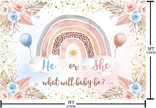 Miniatura 5 de Sendy Fondo bohemio de 7 x 5 pies para revelación de género, diseño de arco iris, decoración de fiesta de baby shower, anuncio de embarazo, pancarta