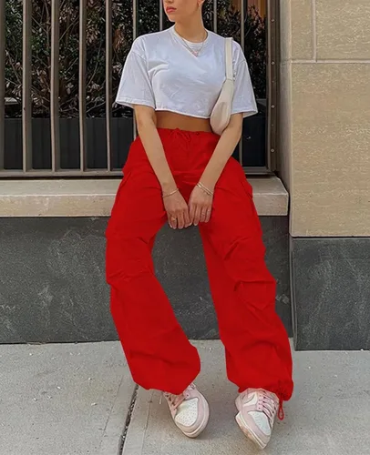 Miniatura 5 de Neyaolk Pantalones de paracaídas para mujer, pantalones cargo holgados para mujer, pantalones deportivos holgados Y2K de cintura baja y pierna ancha