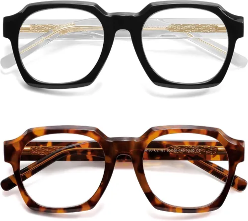 AMOMOMA - Paquete de 2 gafas de lectura retro cuadradas para mujeres y hombres, montura de ordenador con bisagra de resorte y protección contra luz