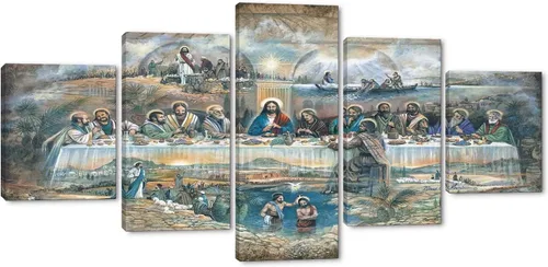 Miniatura 10 de The Last Supper - Pintura sobre lienzo para pared de sala de estar, 5 piezas, arte de pared de la última cena, retro, vintage, de madera, moderno