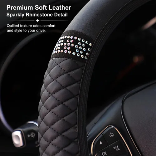 Miniatura 2 de Funda para volante de cuero suave brillante de 15 pulgadas con diamantes de imitación con brillos para mujeres y niñas – Accesorio elástico