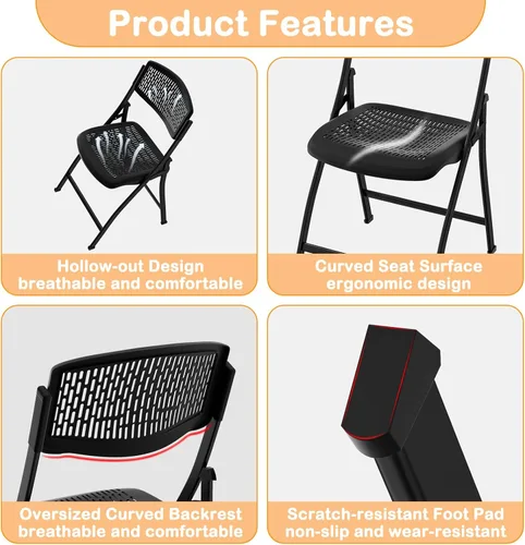 Miniatura 6 de Ytaoka Silla plegable negra con asiento de malla transpirable y marco de metal resistente para interiores y exteriores, fiestas, eventos, bodas