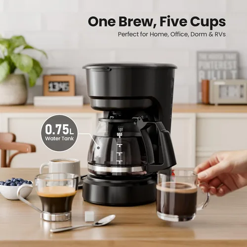 Miniatura 2 de Kismile Cafetera de 5 tazas, cafetera de goteo pequeña de 0.75 L con diseño antigoteo, protección contra quemaduras en seco, embudo de filtro