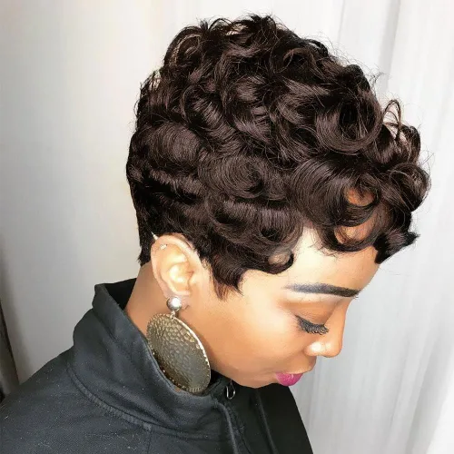 Miniatura 6 de Peluca de cabello humano con corte Pixie, pelucas cortas rizadas naturales para mujeres negras, pelucas de cabello humano corto marrón natural de 4