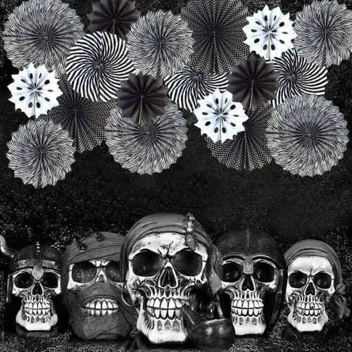 Miniatura 7 de Juego de 18 abanicos de papel para colgar en fiestas, color blanco y negro, con patrón decorativo, plegable, para Halloween, cumpleaños, boda