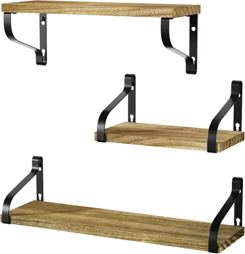 Miniatura 14 de Love-KANKEI Estantes flotantes montados en la pared de madera rústica, juego de 3 estantes para dormitorio, sala de estar, baño, cocina, color negro