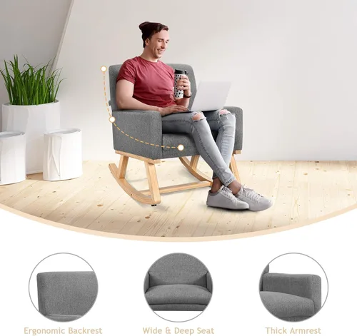 Miniatura 8 de S AFSTAR Mecedora, silla tapizada de tela con marco de madera resistente y asiento acolchado, sillón moderno para sala de estar (beige)