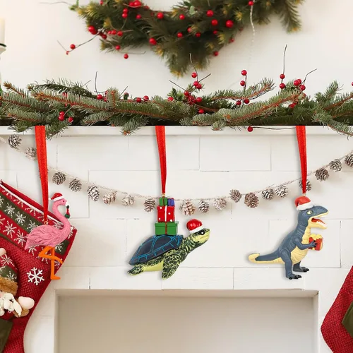Miniatura 5 de Adorno de Navidad de flamenco rosa 3D en sombrero de Papá Noel, adornos colgantes de flamenco de resina para decoración de árbol de Navidad