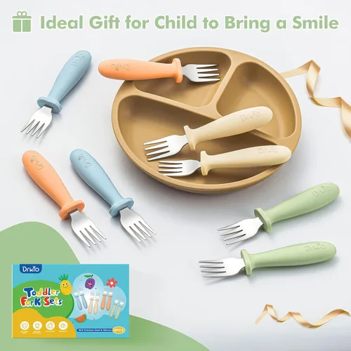 Miniatura 5 de DRKIO Juego de 8 Tenedores para Niños Pequeños - Tenedores para Bebé con Mango de Silicona, Seguros para Niños, Acero Inoxidable 18/8, Juego