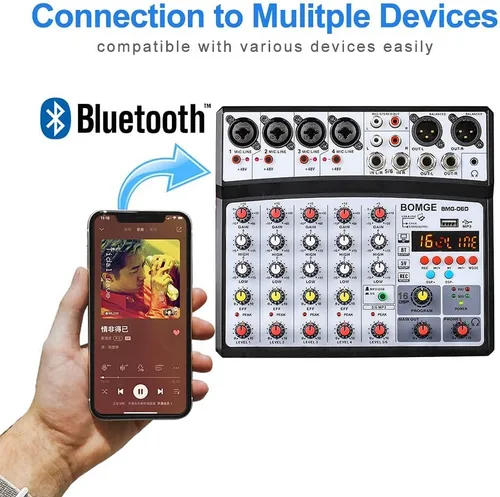 Miniatura 4 de BOMGE Mezclador de sonido de audio de 6 canales – Consola de mezcla de DJ digital profesional para transmisión en vivo, karaoke y grabación estéreo