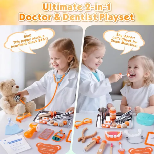 Miniatura 3 de Juego de dentista para niños, kit médico de madera para niños pequeños de 3 a 5 años con estetoscopio real, dientes extraíbles, frenos y bolsa
