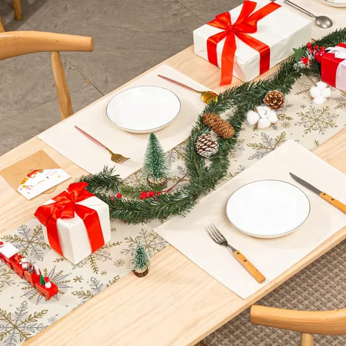 Miniatura 3 de AnyDesign Camino de mesa navideño de invierno, mantel de copo de nieve dorado y plateado, 13 x 72 pulgadas