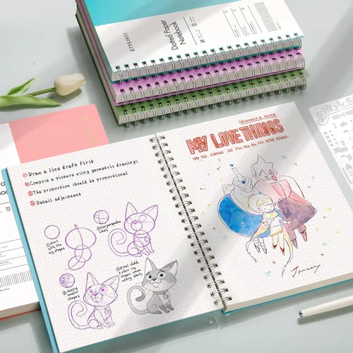 Miniatura 6 de EMSHOI Cuaderno de espiral A4, diario punteado de viñetas, 11.2" X 8.27", 300 páginas/150 hojas, papel de cuadrícula de puntos de 100gsm, tapa