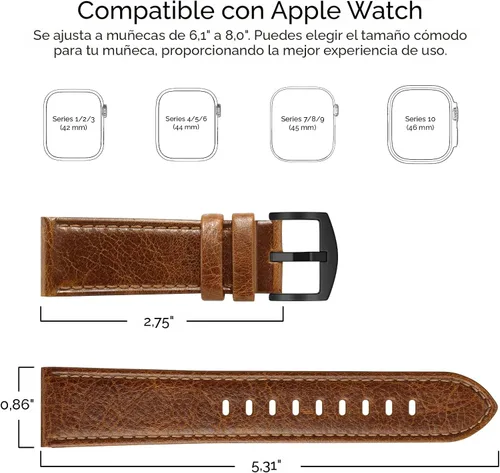 Miniatura 2 de EDIMENS Correas de cuero compatibles con Apple Watch de 1.81 pulgadas, 1.77 pulgadas, 1.73 pulgadas, 1.65 pulgadas (serie 1, 2, 3) para hombres