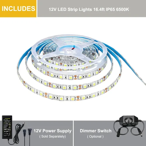 Miniatura 6 de JOYLIT Tira de luces LED blancas de 12 V, 6000-6500 K, 16.4 pies, SMD5050, 300 LED, regulable, impermeable, cortable, flexible, para dormitorio