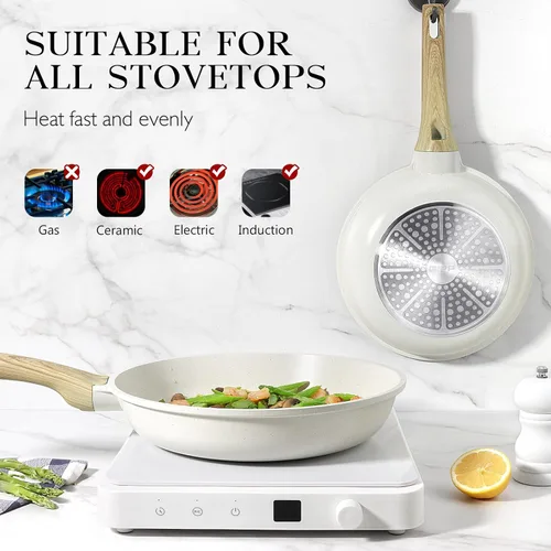 Miniatura 6 de GiPP - Sartén antiadherente de granito blanco de 8 pulgadas, sartén para tortilla con mango resistente al calor, compatible con todas las estufas