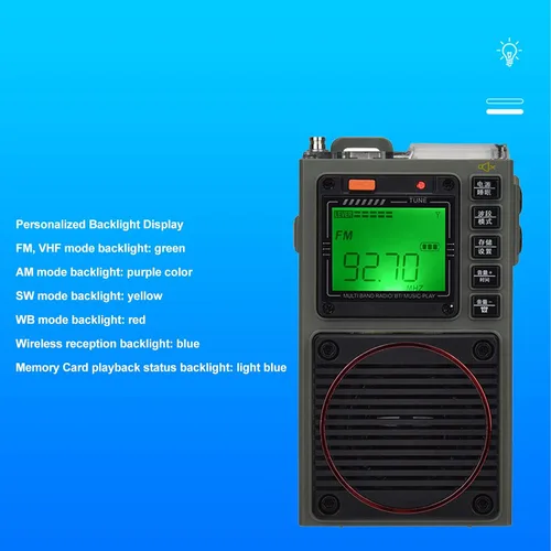 Miniatura 2 de Radio de banda completa portátil FM/VHF/AM/SW/WB receptor con Bluetooth 5.0, estéreo de bajos, alarma SOS, reproducción de tarjetas y linterna, retro